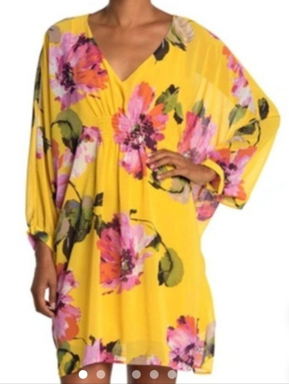 Trina Turk Yellow Floral V-Neck Dress Kaftan Tunic Size Small